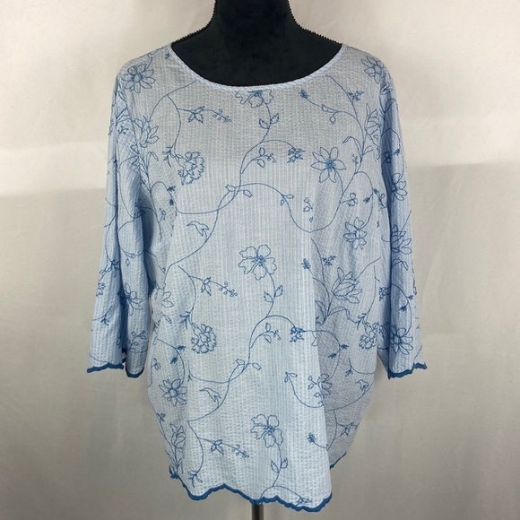 Chico's Tops - Chico’s Seersucker Blue Long Sleeve Floral Embroidered Lightweight Blouse